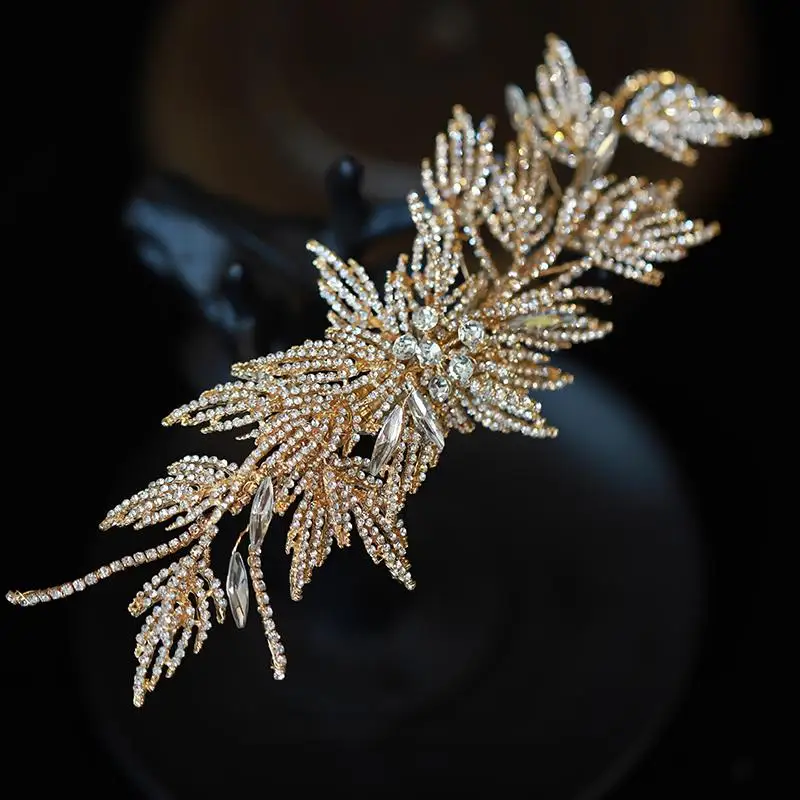 

Vintage Bridal Headband Headpiece Gold Crystal Rhinestones Hairband Leaf Headdress For Women Party Accessories Wedding Jewelry