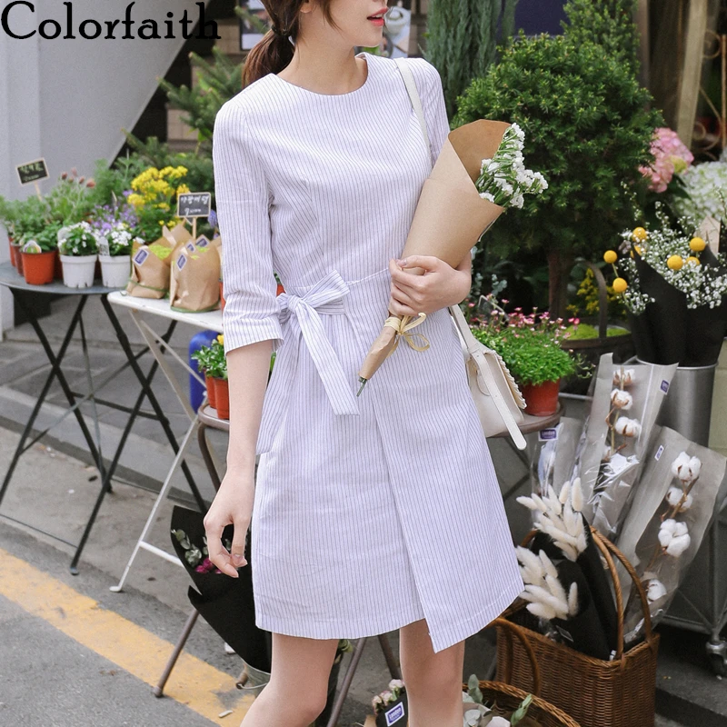 

Colorfaith New 2020 Women Spring Summer Dress Casual Striped Asymmetrical High Waist Zipper Lace Up Bow Fashionable Dress DR9026