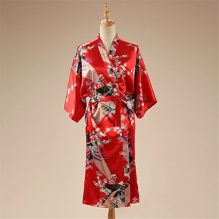 9Color Satin Japanese Style Kimono Women Yukata Dress Traditional Peacock Thin Clothing for Japanese Adult Loose Pajamas