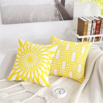 

Home Decor Embroidered Cushion Cover Yellow White Flower Geometric Canvas Cotton Pillow Cover 45x45cm Embroidery Pillowcase