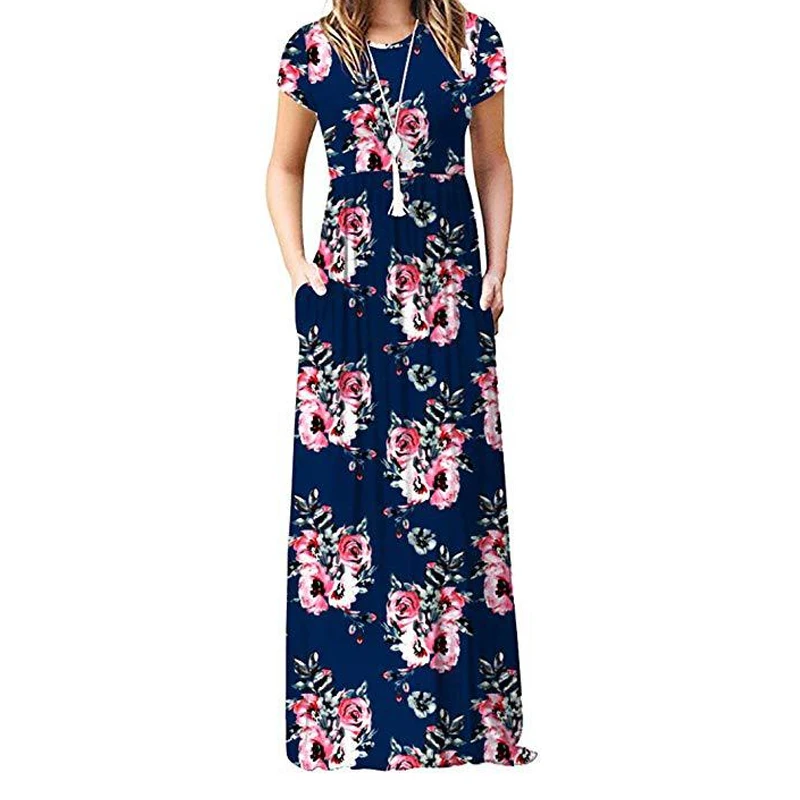 Новинка Boho летние женские макси платья Femme короткий рукав o-образным вырезом цветочный принт длинное обтягивающее платье карманы пляжный Сарафан платье XXL GV690 - Цвет: Navy Blue