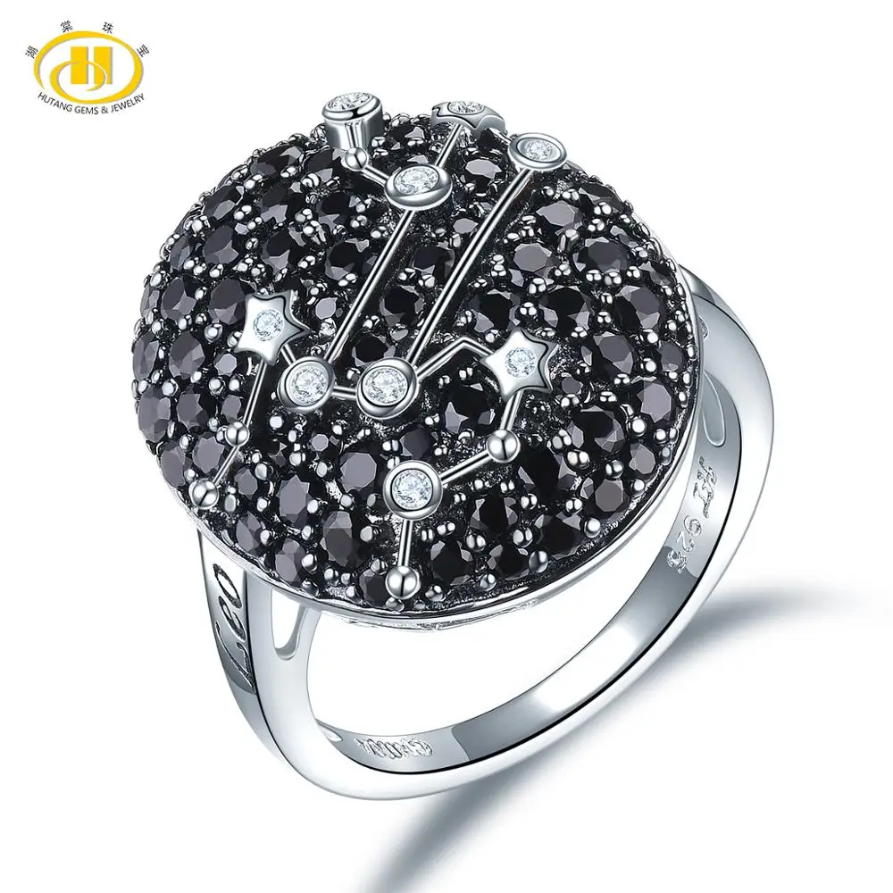 Hutang 12 Созвездие серебряное кольцо, драгоценный камень черная шпинель 925 пробы серебряные кольца, ювелирные украшения для женщин подарок на день рождения - Цвет камня: Leo