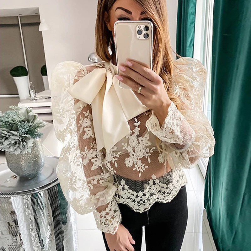 Sexy transparent lace embroidery blouse 