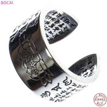 

BOCAI s925 sterling silver rings for men and women retro Thai silver craft six word true words lotus Heart Sutra opening ring