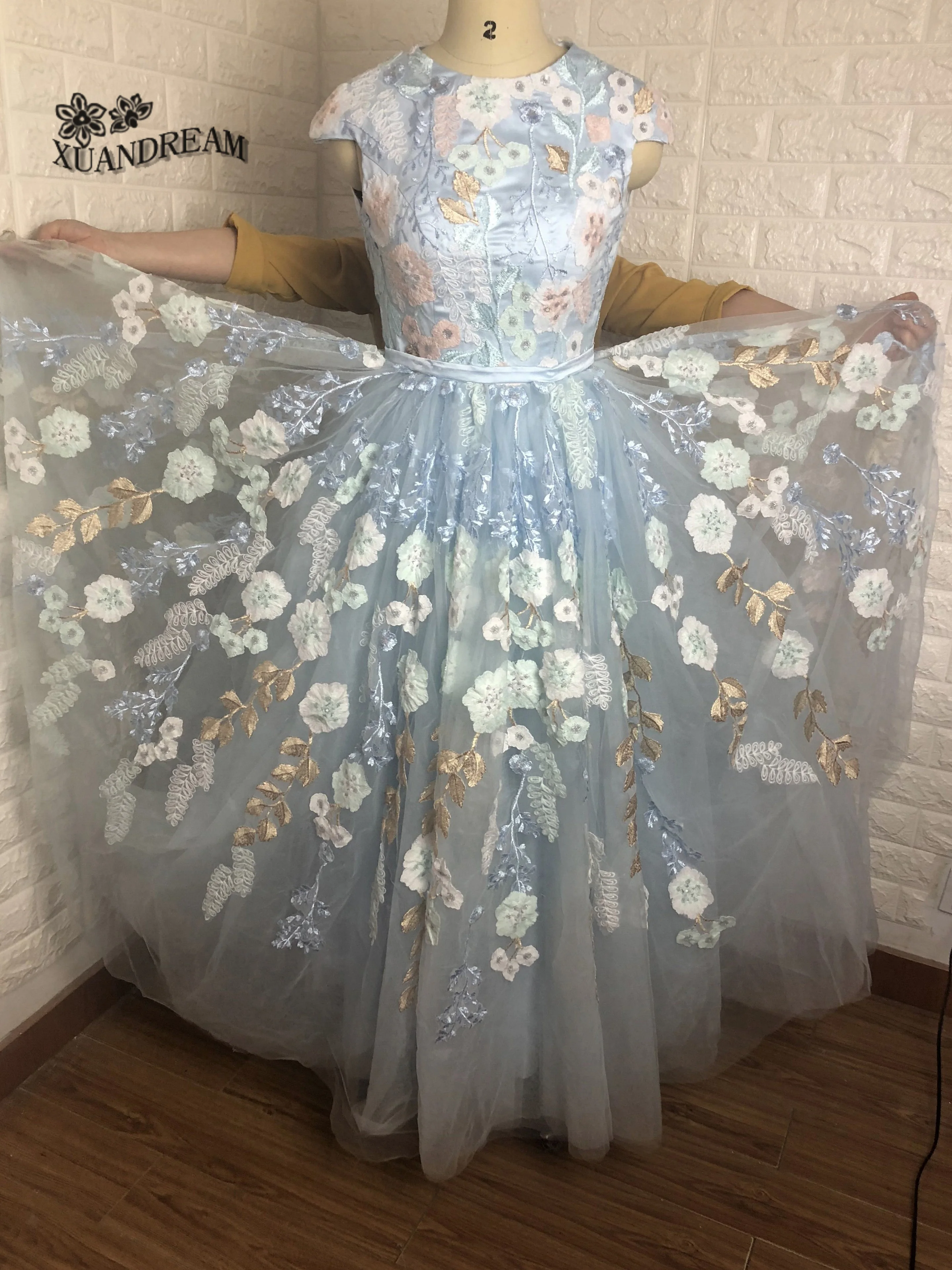 XUANDREAM, Новое поступление, vestido azul turquesa debutante curto, с круглым вырезом, с аппликацией, кружевные Элегантные винтажные длинные платья для выпускного вечера, XD-144