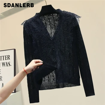 

Lace Sweater Women's New Spring Autumn Cardigan Loose Outer Wear Retro Cardigan Jacket Knitwear Femme Pinkwhite
