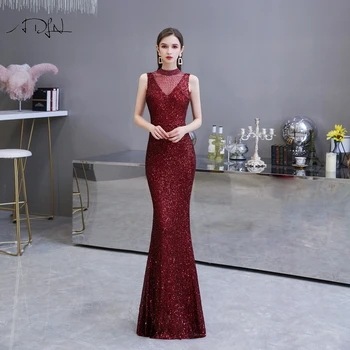 

ADLN 2020 Burgundy Sequin Evening Dress with Beads Sparkly Mermaid Party Gown Long Prom Dress Cheap