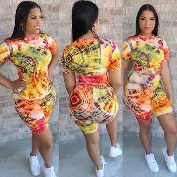

2020 Womens Summer Short Sleeve Print Bodycon Outfits Ladies Evening Party Club Slim Fit Tops T Shirt Pants Shorts 2pcs Set
