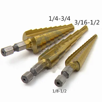 

High Speed Steel Titanium Step Drill Bit Set, 3Pcs Cone Multiple Hole Cutter 1/4" Hex Shank Drive Kit for Woodworking