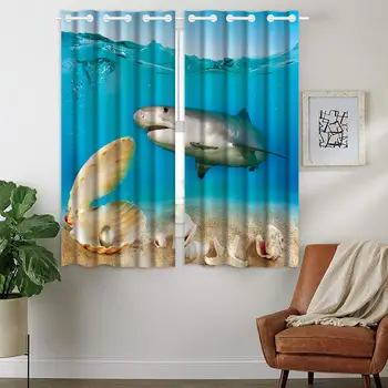 

Hommomh Blackout curtain two piece bedroom curtain ocean shark Shell Pearl