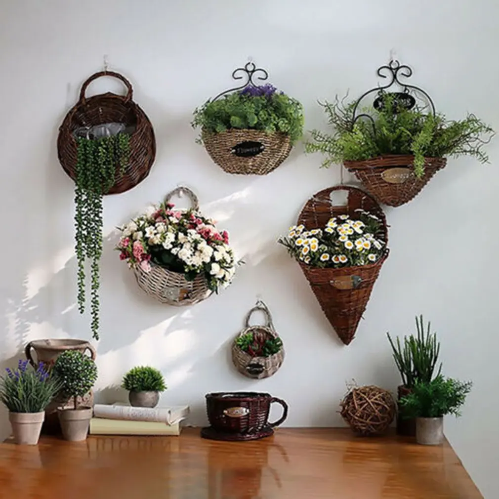 Retro Wicker Rattan Flower Basket Wall Hanging Storage Baskets Wall Decor Window Props Gardening Sundries Plant Holder Basket