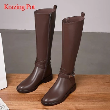 

Krazing pot 2020 riding boots genuine leather buckle decorations leisure dating round toe thick med heel zip knee high boots L97