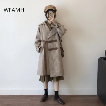 

women's woolen coat stripe was thin and loose in the long windbreaker thickened double-breasted winter temperament female jacket
