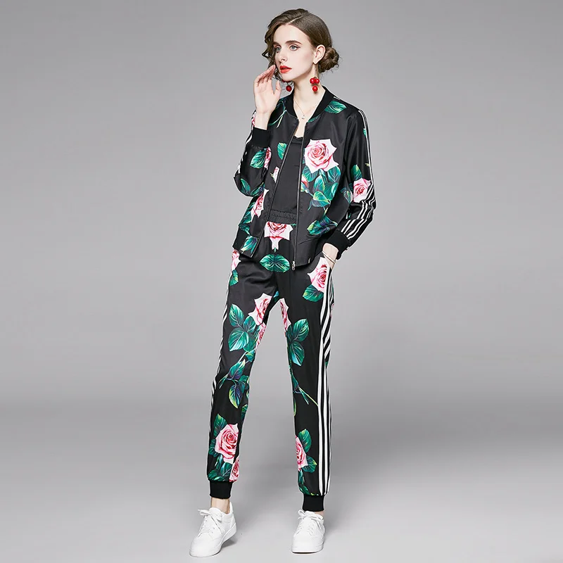 

New Spring Fall Runway 2 Piece Womens Sets Vintage Floral Print Zippered Long Sleeve Top Jacket Coat Pants Tracksuits Outfits