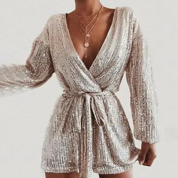 

Sexy Women's Ladies Party Clubwear Sequined Sparkle Deep V-neck Belted Puff Long sleeve Playsuit Bodycon Party Bodysuits