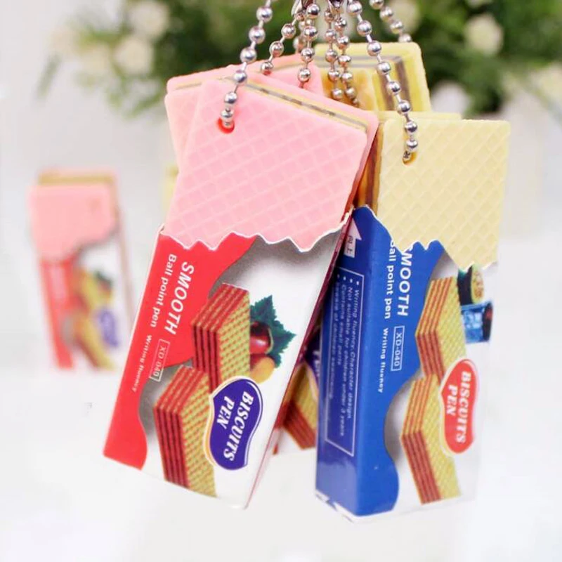Novel Cartoon Chocolate Sandwich Wafer Biscuit Blue Ballpoint Pen Office Signing Pen Kids Baby Gift Key Decoration Pendant Pen