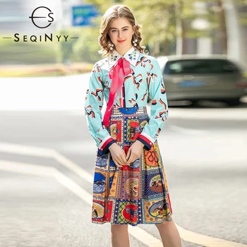 

SEQINYY Casual Dress 2020 Early Spring New Fashion Design Women Bow Print Plaid Vintage Knee Dress Casual