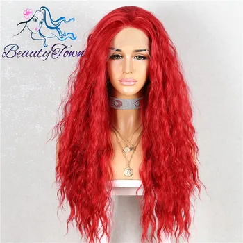 

BeautyTown Water Wave Red Wig High Heat Resistant Hand Tied Makeup Drag Queen Synthetic Lace Front Party Wig For Holiday Gift