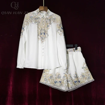 

Qian Han Zi 2020 Designer Runway Fashion two Piece Set Long sleeve button womens tops and blouses+casual print shorts Suit sets