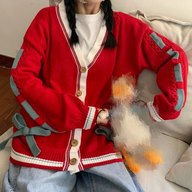 RICININA, Рождественский женский свитер, v-образный вырез, пуговицы, карманы, бант, вязаный свитер, весенние элегантные свитера, кардиган для женщин