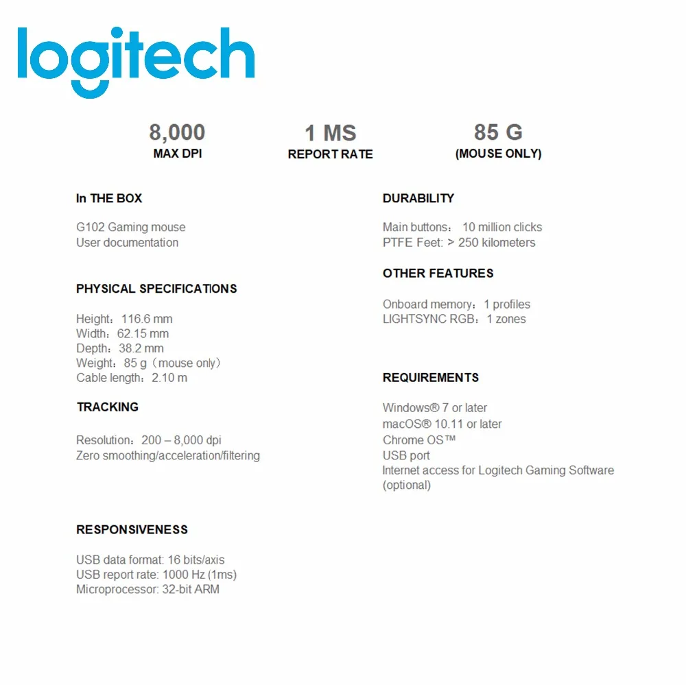 Logitech G102 PRODIGY Проводная игровая клавиатура Мышь оптический 6000 Точек на дюйм 16 8 м