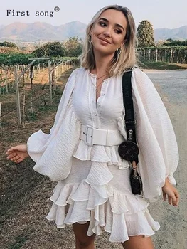 

Solid color lantern sleeves women's pleated multilayer ruffled fishtail sexy dress 2020 spring new bandage irregular dress XL