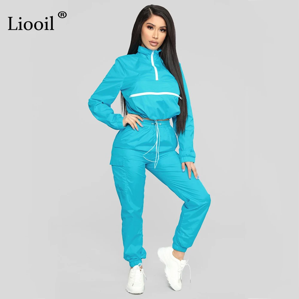 Liooil Neon Green/женская одежда комплект из двух предметов, спортивный костюм осень, укороченный топ с длинными рукавами на молнии и спортивные штаны, комплекты для бега