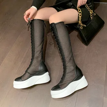 

Sexy long-legged straps thickened bottom cavalier boots high-top net boots thin thin lace up flat knees Z455