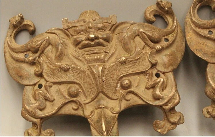813+++ 1" Китайский медный фу лев Foo голова собаки статуя Ji Xiang Fu Gui дверной молоток пара