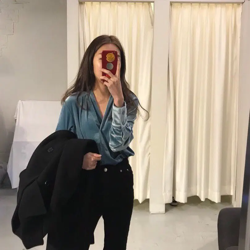 Minimalism Design Smoothie Velours Blouse V Neck Long Sleeve Top Women Shirt Office Lady Chemise Femme Camisa Mujer Blusa