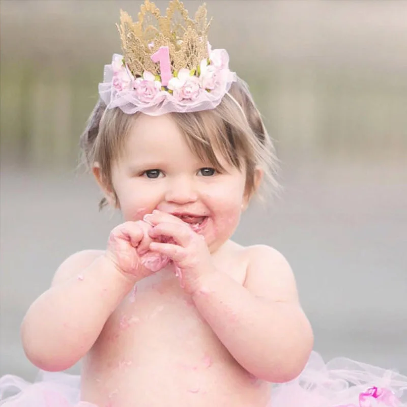 

Baby Boy Girl 1st 1 Years Old Lace Birthday Hat Glitter Crown Cap Rose Flower Hair Head Band Princess Headband DIY Headwear
