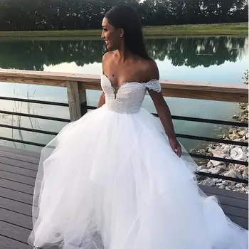 

YiMinpwp White Wedding Dresses Off Shoulder Backless Sweep Train Appliques Garden Country Bridla Gowns vestidos de novia