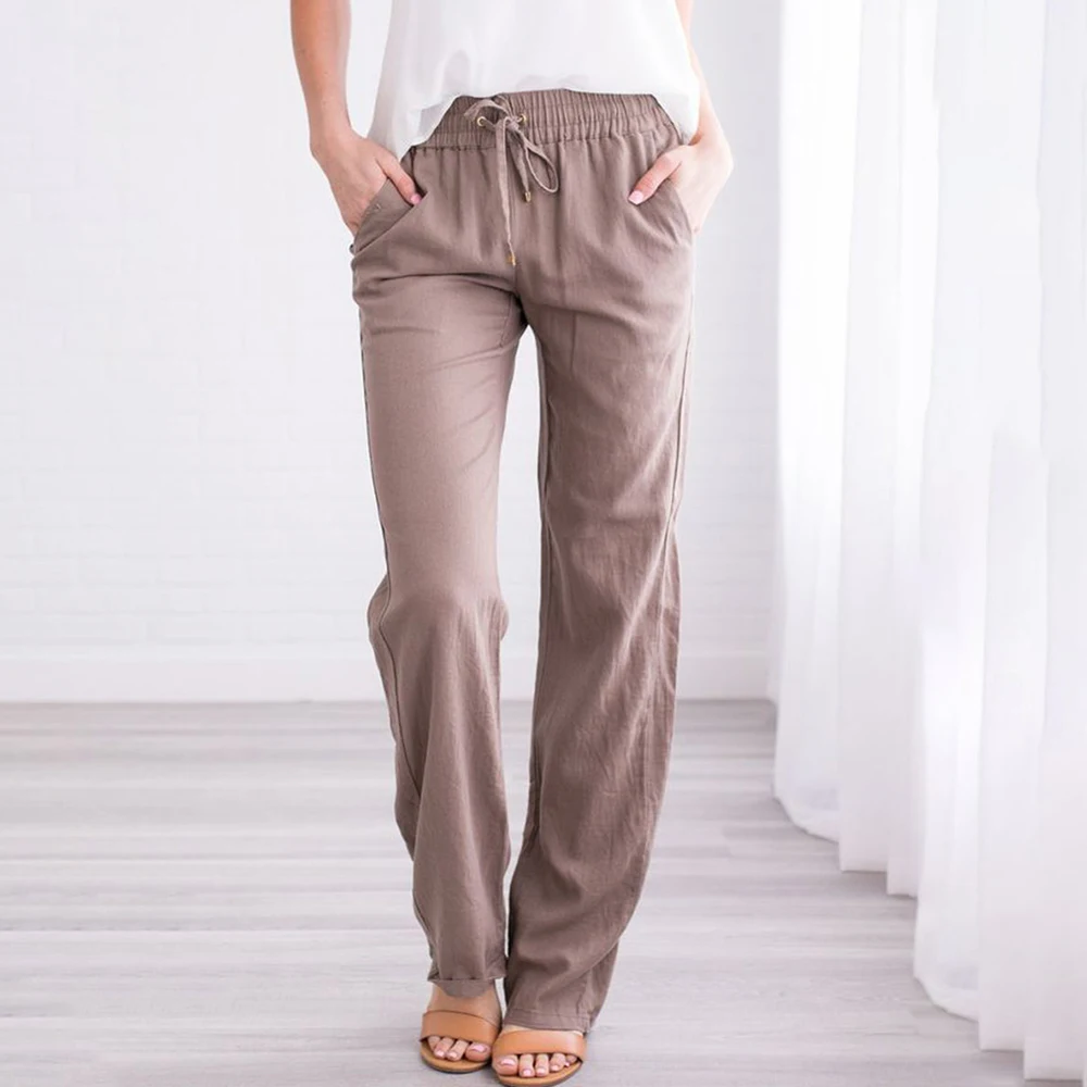 Винтажные повседневные свободные хлопковые льняные женские штаны, прямые длинные брюки с эластичной резинкой на талии, женские брюки