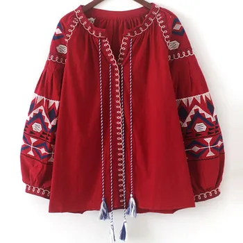 

2019 Fall Summer Women Cotton Linen Blouse Embroidery Lantern Sleeve Plus Size Shirts Fashion Tassel Tie In Bohemian Shirts