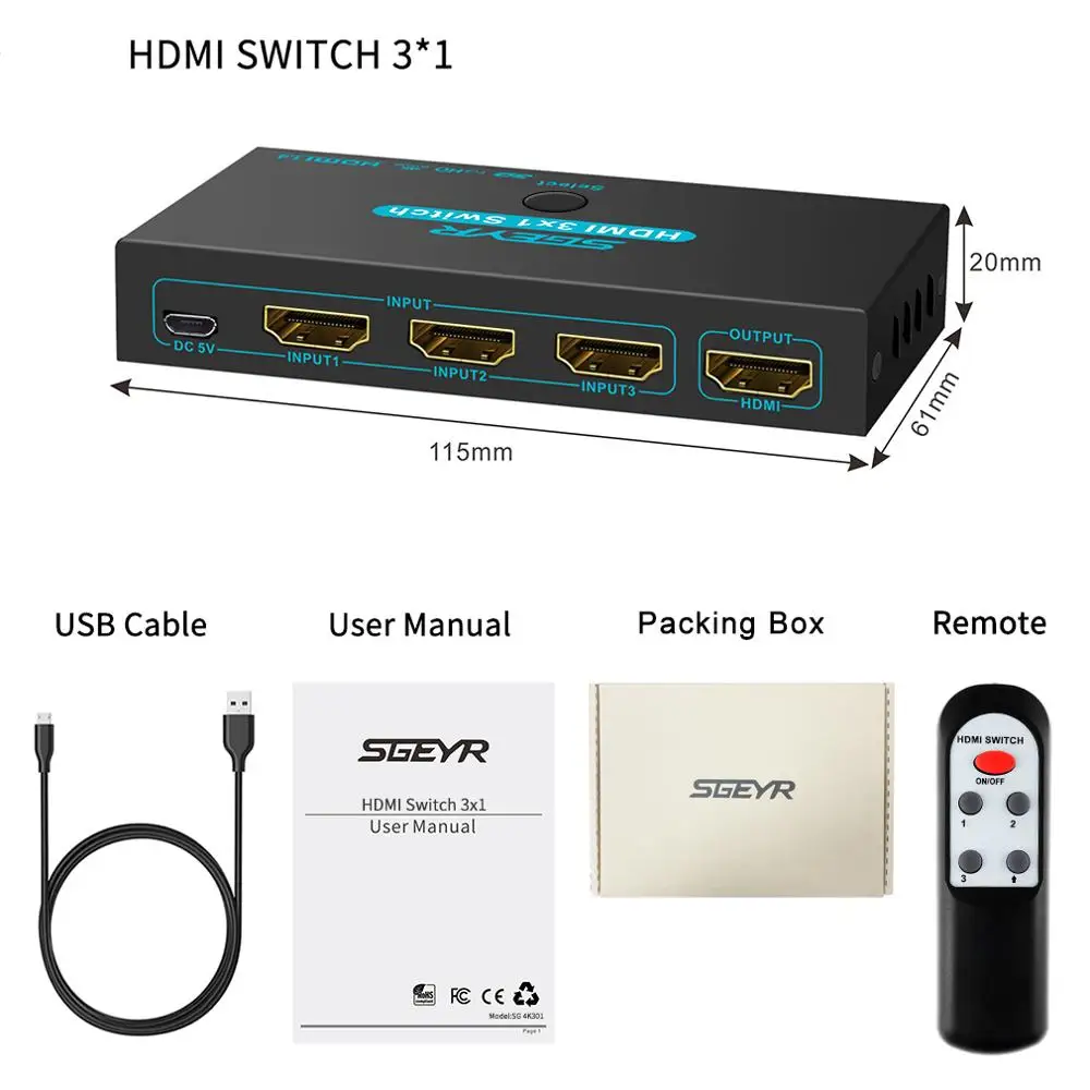 HDMI переключатель SGEYR 3x1 металлический HDMI коммутатор 3 в 1 выход HDMI переключатель селектор 3 порта с ИК-пультом дистанционного управления HDMI селектор коробка HDMI