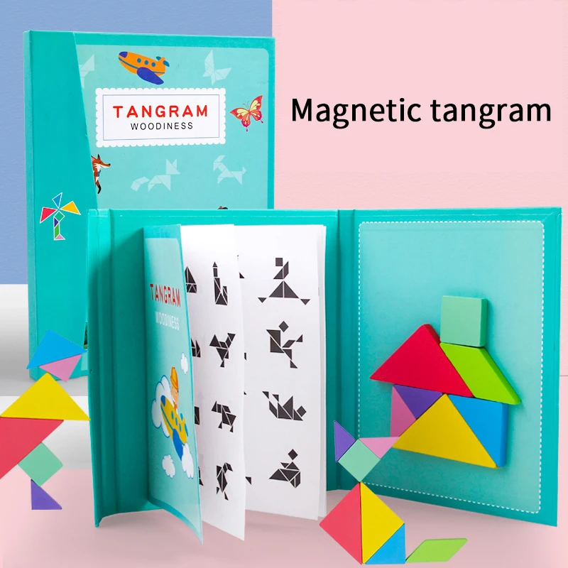 Деревянные красочные Tangram головоломки с магнитной магической книгой Монтессори когнитивные раннего обучения Развивающие игрушки подарки для детей
