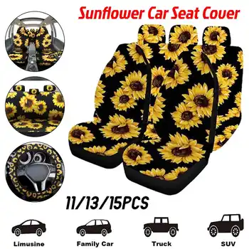 

Sunflower Car Seat Cover Set Universal Print Back Steering Wheel Cover Set Coche Yellow Sunflower Car Mats Auto Car Accessorie