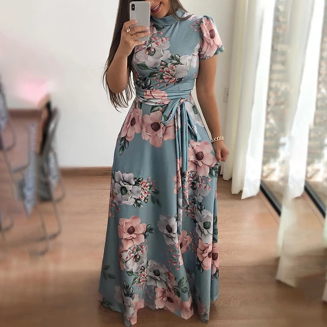 Mujeres verano otoño vestido largo 2019 vestido estampado Floral Casual manga vendaje vestido de Vestidos - AliExpress