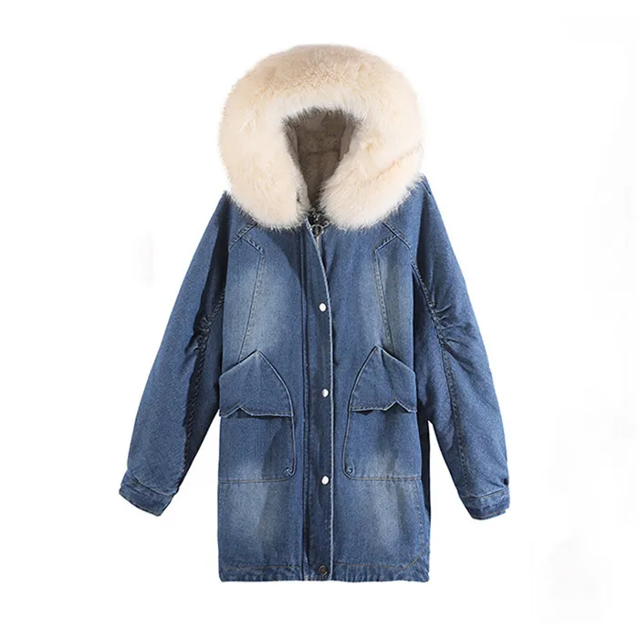 Зимняя джинсовая женская куртка с меховым воротником, теплые парки, новинка, модная женская куртка-бомбер большого размера, Casaco Feminino JIA493