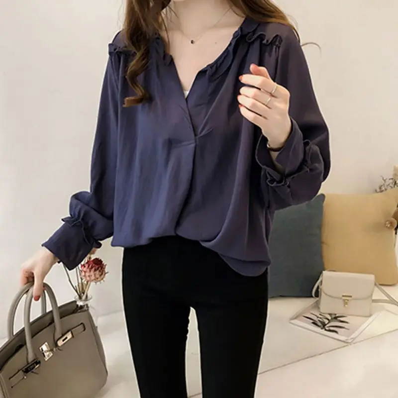 

Women V Neck Blouses Vintage Ruffles Shirts Women Blouses Ladies Classic Style Shirts x