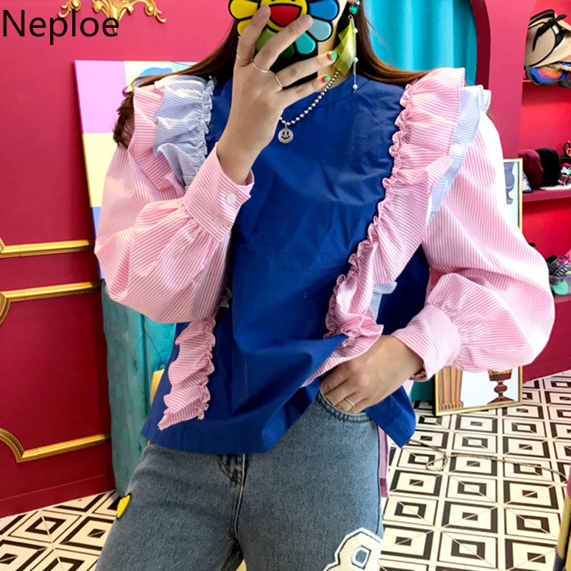 Neploe, Корейская, шикарная, осенняя, весенняя, тяжелая, рабочая, Лоскутная Блузка, с круглым вырезом, пышная, с длинным рукавом, в полоску, Blusas, с двойными деревянными ушками, рубашка 47146