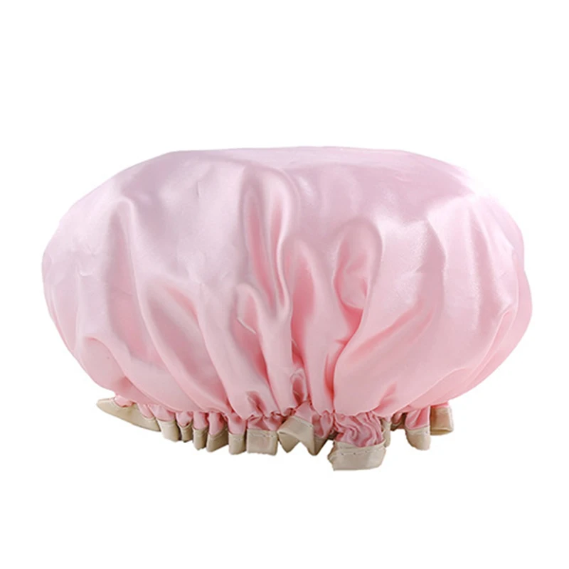 pink Шапочка для душа, водонепроницаемая, толстая, для женщин, для душа, атласная шляпа, для купания, для душа, крышка для ночного сна, шапка для волос, широкая резинка для волос, шапочка для волос - Цвет: pink