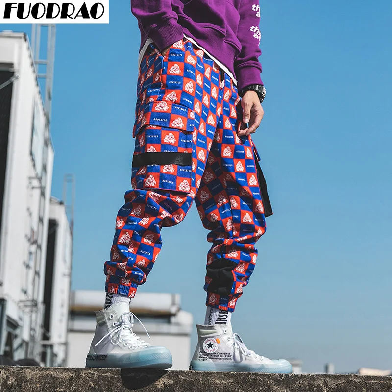FUODRAO джоггеры брюки мужские уличная клетчатая Печать Брюки карго мужские хип-хоп карманы шаровары повседневные мужские спортивные брюки с карманами K268