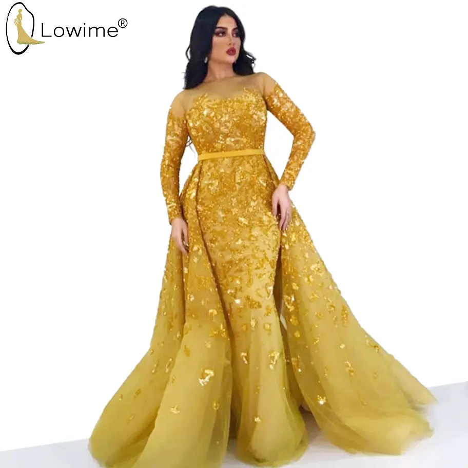 

Golden Sequined Long Sleeve Mermaid Evening Dresses Detachable Train Illusion O Neck Robes Prom Party Gowns Vestido De Festa