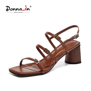 

Donna-in High Heel Women Sandals 2020 Summer Narrow Band Buckle Natural Leather Female Square Head New Fashion Sexy Women Shoes
