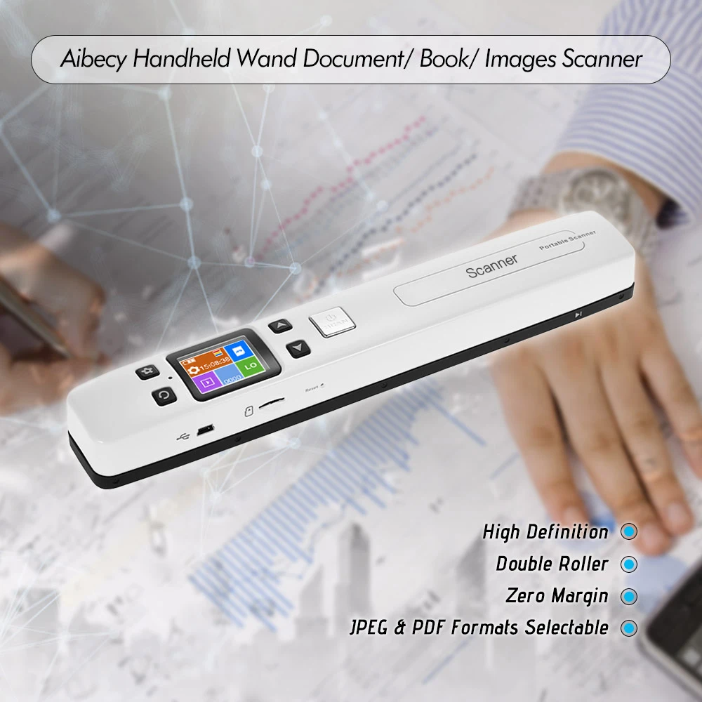 Wifi 1050DPI High Speed Portable Wand Document & Images Scanner A4 Size JPG/PDF Formate LCD Display for Business Reciepts Books