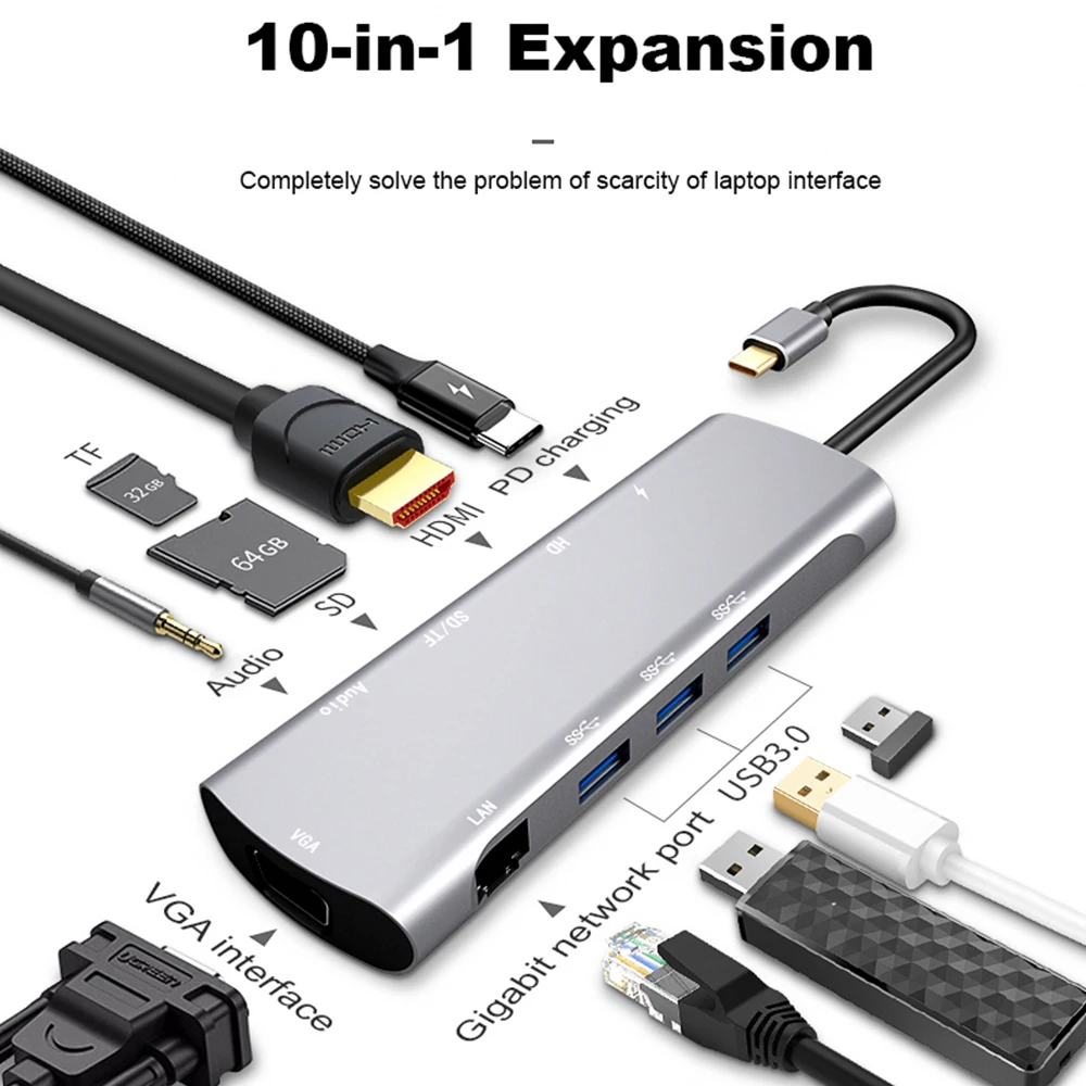 Набор контактов для тестирования 10 в 1 Тип C на HDMI VGA usb-хаб адаптер конвертер устройство для считывания с tf-карт для мобильных телефонов портативных ПК компьютер Тип с разъемами типа C и Hdmi адаптер