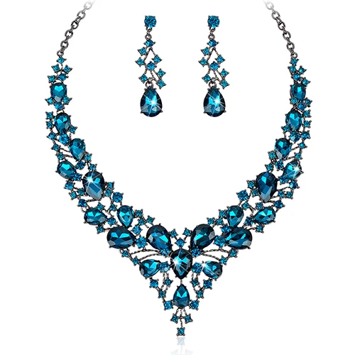 lake blue in black Модные серьги с австрийскими кристаллами, ожерелье, индийские свадебные ювелирные наборы, подходят для свадебного костюма, рождественские подарки для женщин - Окраска металла: lake blue in black