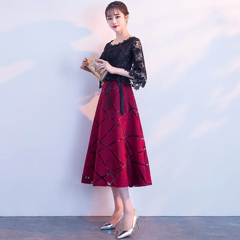 Patchwork Coctail Dress Midi Elegant Vestido Soiree Lace Sleeve Formal Prom Lace Up Cocktail Dresses Evening Party TS249