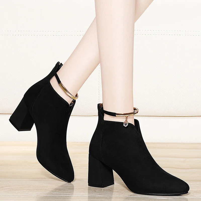 

Gold Lines Rabbit Chunky-Heel Short Boots Women's Autumn & Winter with Overcoat of 2019 New Style Pointed High-Heel Martin Boots